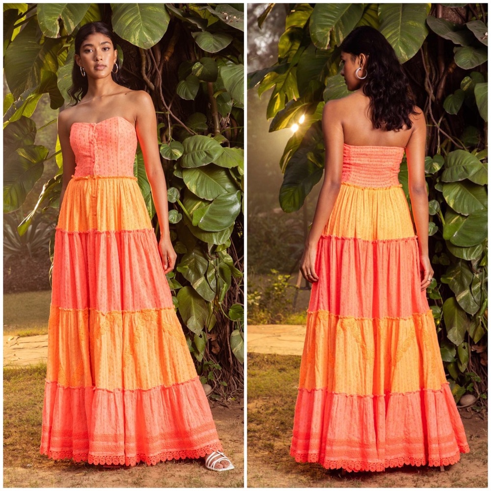 HEMANT & NANDITA Coral and Orange Strapless Tiered Maxi Dress